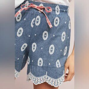 Anthropologie Denim Blue Shorts with White Embroidery
